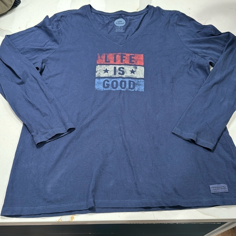 Life Is Good Crusher Tee  2xl Long Sleeve Red White and Blue V-neck Shirt